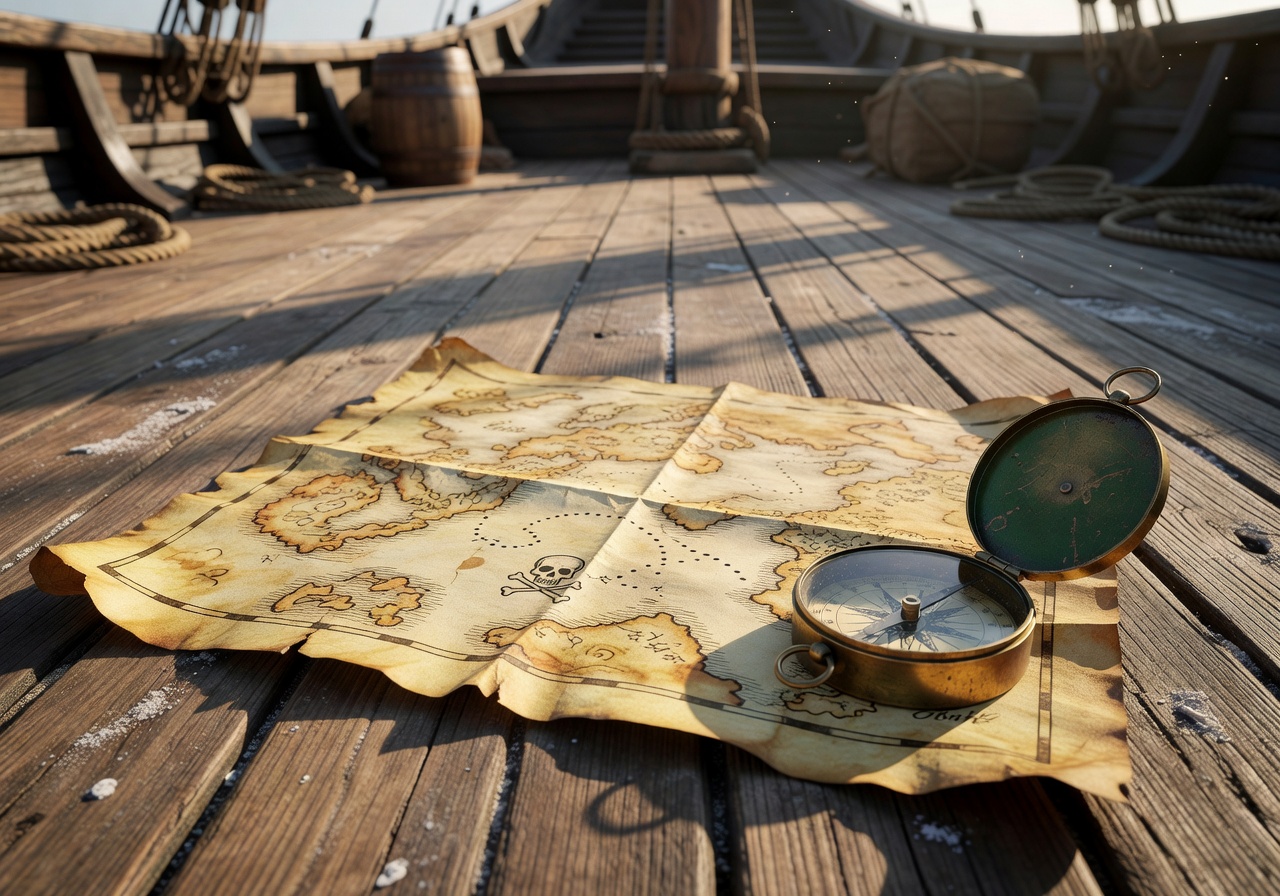 Ancient pirate map resting on a wooden deck with a compass